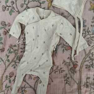 Cream baby footie with Matching Bonnet
